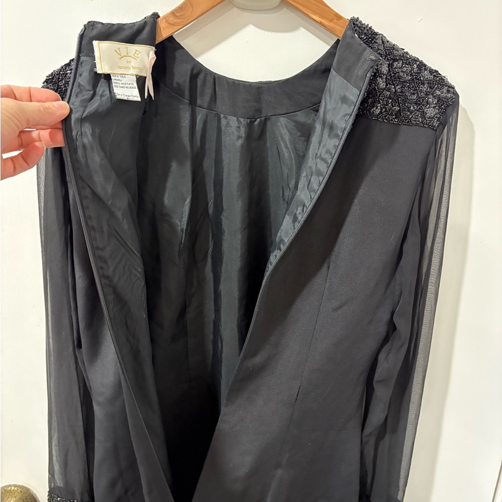 VIE by Victoria Royal / Black Silk Hand Beaded Dress /long sheer sleeves - Picture 6 of 16